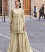 Beige embroidery and sequins shimer anarkali palazzo- free size stitched(size upto 42")