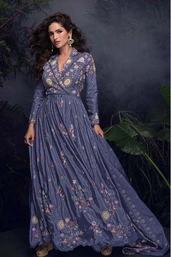 Purple thread embroidery and sequins chinon silk gown- free size stitched(size upto 42")