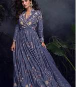 Purple thread embroidery and sequins chinon silk gown- free size stitched(size upto 42")