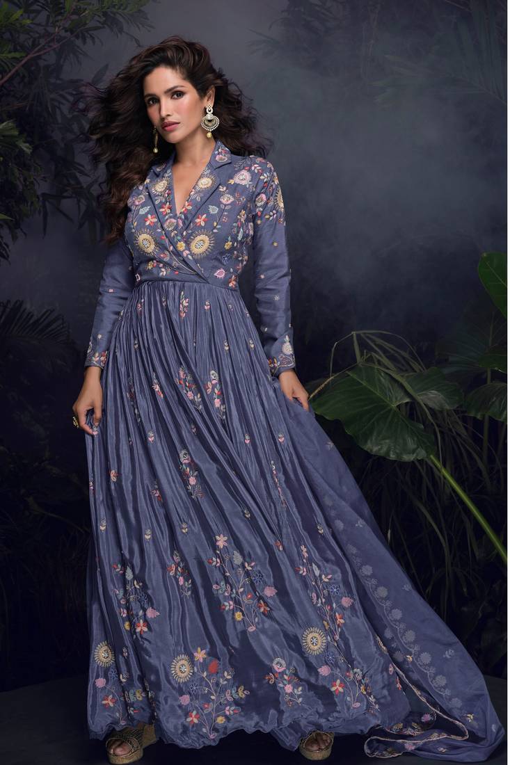 Purple thread embroidery and sequins chinon silk gown- free size stitched(size upto 42")