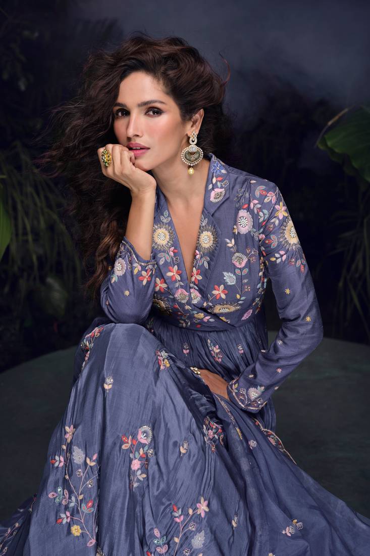 Purple thread embroidery and sequins chinon silk gown- free size stitched(size upto 42")