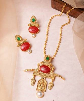 Maa lakshmi with peacock pendant chain and earrings jewelry set for women girls 2