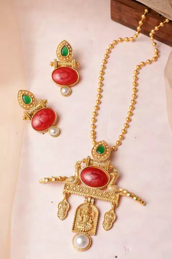 Maa lakshmi with peacock pendant chain and earrings jewelry set for women girls