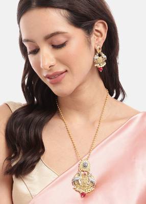Two-tone silver gold plated ruby pearls studded deer pendant chain and earrings jewelry set for women girls 1
