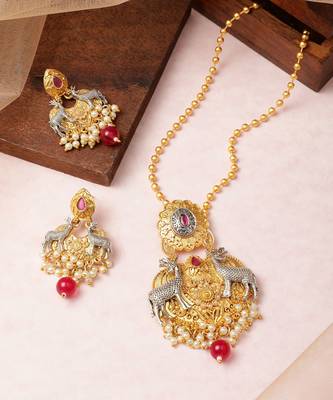 Two-tone silver gold plated ruby pearls studded deer pendant chain and earrings jewelry set for women girls 2