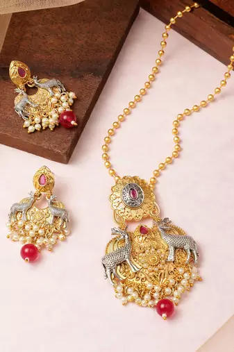 Two-tone silver gold plated ruby pearls studded deer pendant chain and earrings jewelry set for women girls