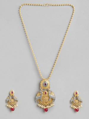 Two-tone silver gold plated ruby pearls studded deer pendant chain and earrings jewelry set for women girls 3