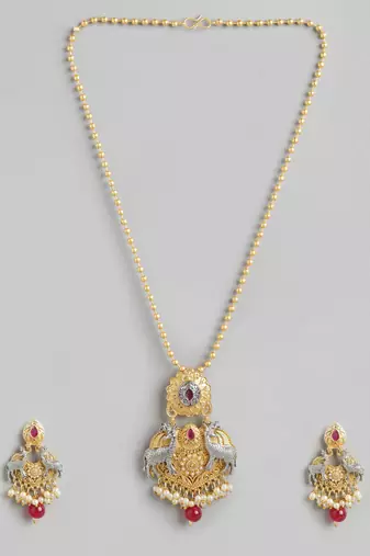 Two-tone silver gold plated ruby pearls studded deer pendant chain and earrings jewelry set for women girls