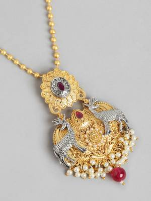 Two-tone silver gold plated ruby pearls studded deer pendant chain and earrings jewelry set for women girls 4