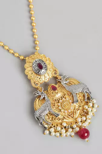 Two-tone silver gold plated ruby pearls studded deer pendant chain and earrings jewelry set for women girls