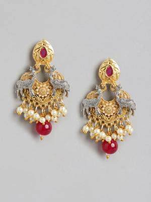 Two-tone silver gold plated ruby pearls studded deer pendant chain and earrings jewelry set for women girls 5