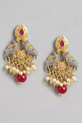 Two-tone silver gold plated ruby pearls studded deer pendant chain and earrings jewelry set for women girls
