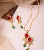 Golden ruby green pearls studded love bird pendant earrings and chain jewelry set for women girls