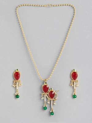 Golden ruby green pearls studded love bird pendant earrings and chain jewelry set for women girls 3