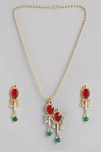 Golden ruby green pearls studded love bird pendant earrings and chain jewelry set for women girls
