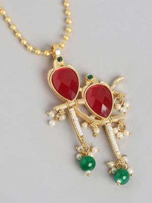 Golden ruby green pearls studded love bird pendant earrings and chain jewelry set for women girls 4