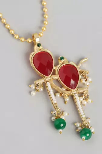 Golden ruby green pearls studded love bird pendant earrings and chain jewelry set for women girls