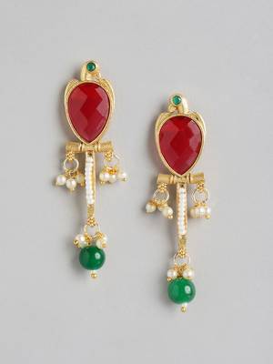 Golden ruby green pearls studded love bird pendant earrings and chain jewelry set for women girls 5