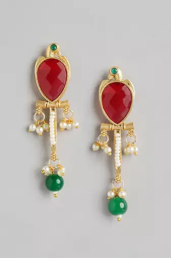 Golden ruby green pearls studded love bird pendant earrings and chain jewelry set for women girls
