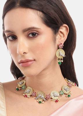Two-tone silver gold plated ruby pearls studded bird choker necklace and earrings jewelry set for women girls 1