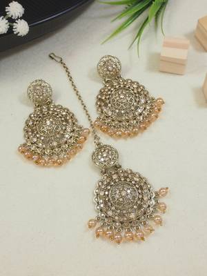gold plated traditional kundan & pearl chandbali earrings with maang tikka set  1