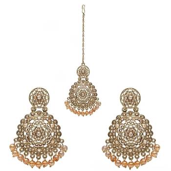 gold plated traditional kundan & pearl chandbali earrings with maang tikka set  2