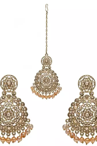 gold plated traditional kundan & pearl chandbali earrings with maang tikka set 