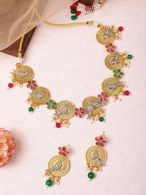 Two-tone silver gold plated ruby pearls studded bird choker necklace and earrings jewelry set for women girls 2
