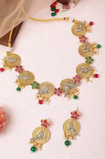 Two-tone silver gold plated ruby pearls studded bird choker necklace and earrings jewelry set for women girls