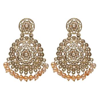 gold plated traditional kundan & pearl chandbali earrings with maang tikka set  3