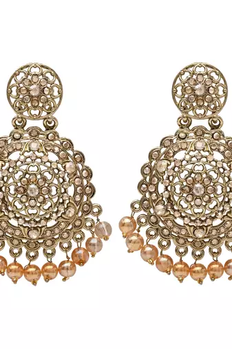 gold plated traditional kundan & pearl chandbali earrings with maang tikka set 