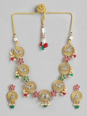 Two-tone silver gold plated ruby pearls studded bird choker necklace and earrings jewelry set for women girls 3