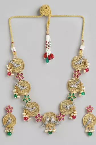 Two-tone silver gold plated ruby pearls studded bird choker necklace and earrings jewelry set for women girls