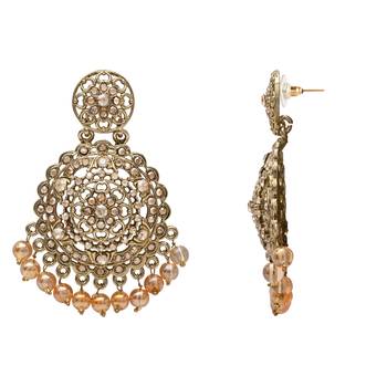 gold plated traditional kundan & pearl chandbali earrings with maang tikka set  4