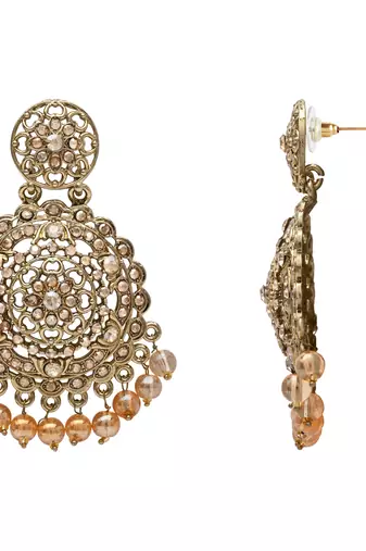 gold plated traditional kundan & pearl chandbali earrings with maang tikka set 