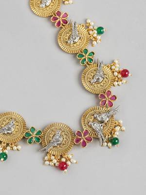 Two-tone silver gold plated ruby pearls studded bird choker necklace and earrings jewelry set for women girls 4