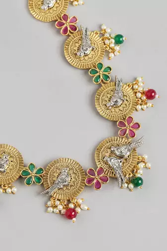 Two-tone silver gold plated ruby pearls studded bird choker necklace and earrings jewelry set for women girls