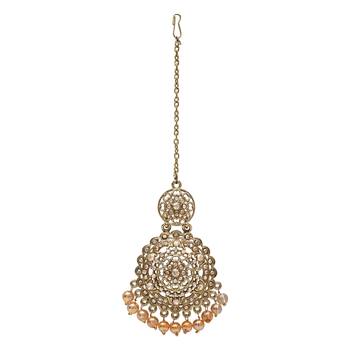 gold plated traditional kundan & pearl chandbali earrings with maang tikka set  5