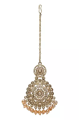 gold plated traditional kundan & pearl chandbali earrings with maang tikka set 
