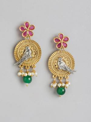 Two-tone silver gold plated ruby pearls studded bird choker necklace and earrings jewelry set for women girls 5