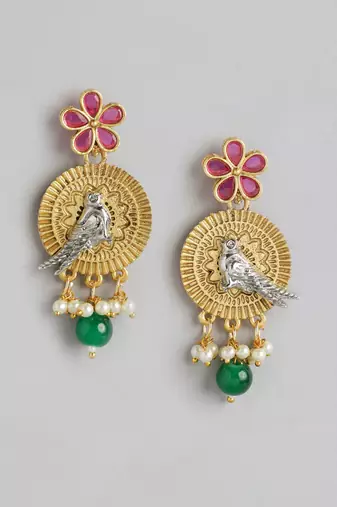 Two-tone silver gold plated ruby pearls studded bird choker necklace and earrings jewelry set for women girls