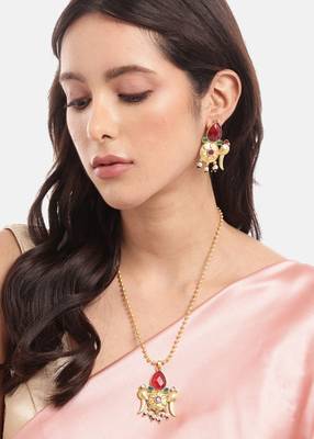 Gold plated ruby green pearls stone studded & beaded birds pendant chain and earrings jewelry set for women girls 1