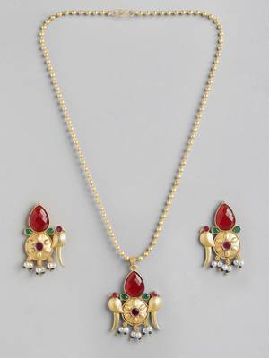 Gold plated ruby green pearls stone studded & beaded birds pendant chain and earrings jewelry set for women girls 3