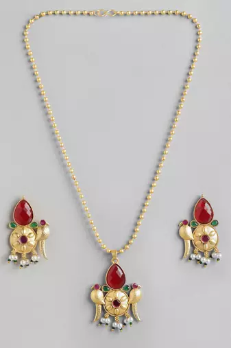 Gold plated ruby green pearls stone studded & beaded birds pendant chain and earrings jewelry set for women girls