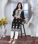 Black rayon lucknowi chikankari mid-length straight kurta with white pant set