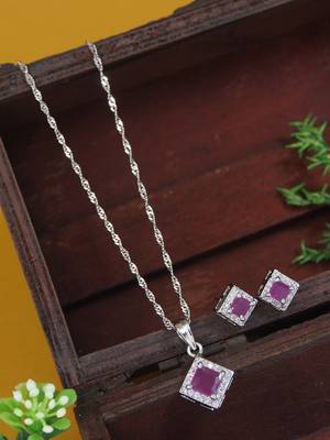 silver plated cubic zirconia american diamond chain pendent necklace with earrings set  1