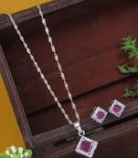 silver plated cubic zirconia american diamond chain pendent necklace with earrings set