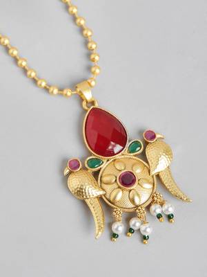 Gold plated ruby green pearls stone studded & beaded birds pendant chain and earrings jewelry set for women girls 4