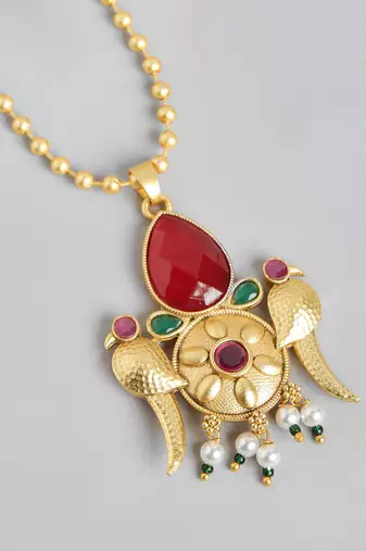 Gold plated ruby green pearls stone studded & beaded birds pendant chain and earrings jewelry set for women girls