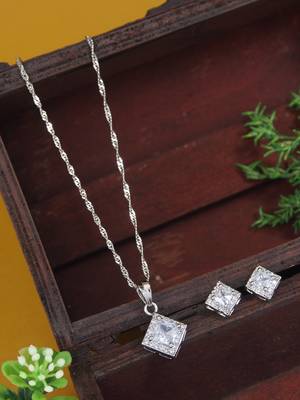 silver plated cubic zirconia american diamond chain pendent necklace with earrings set  1